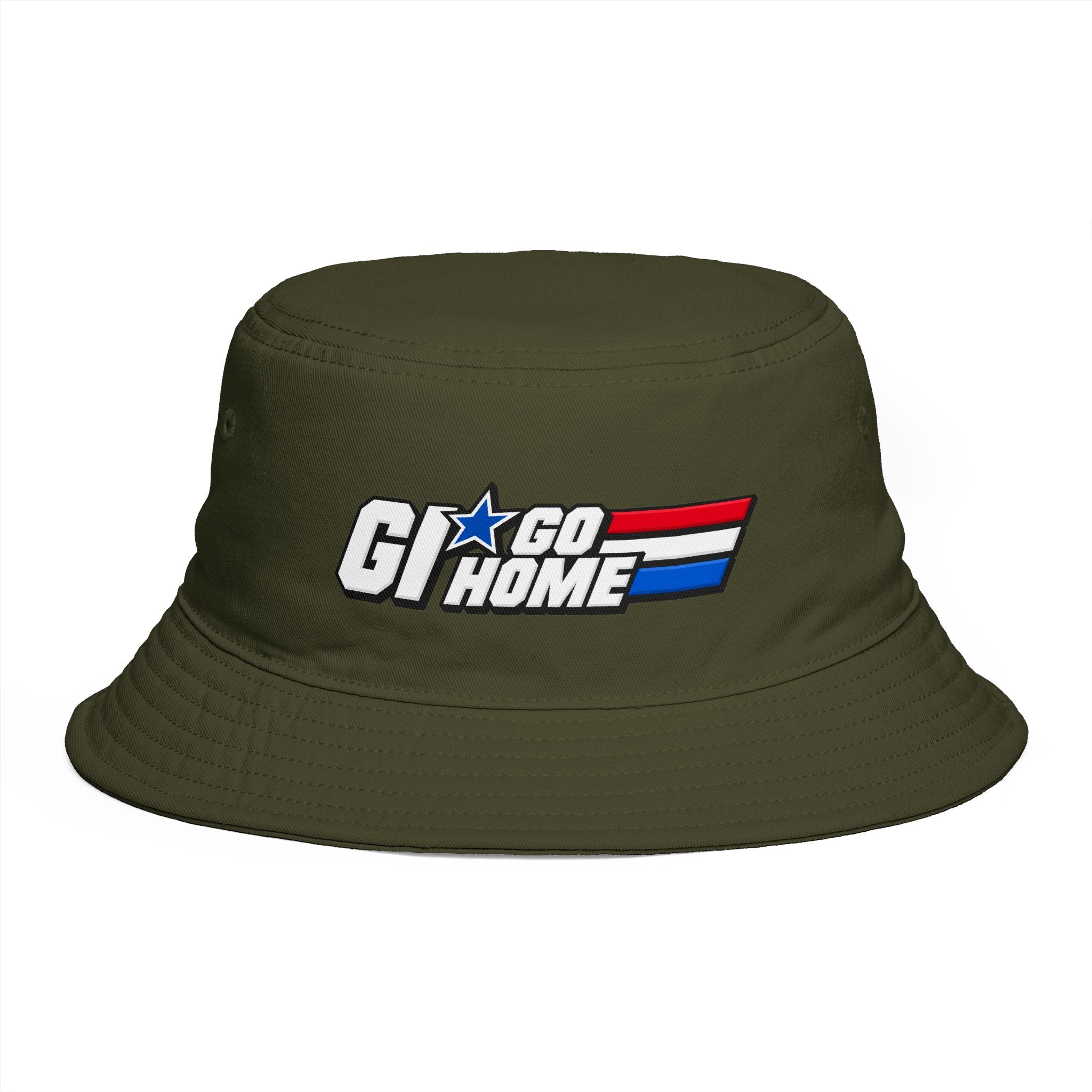 Bucket Hat — "GO HOME" Vintage Military Stripe Embroidered Bucket Hat